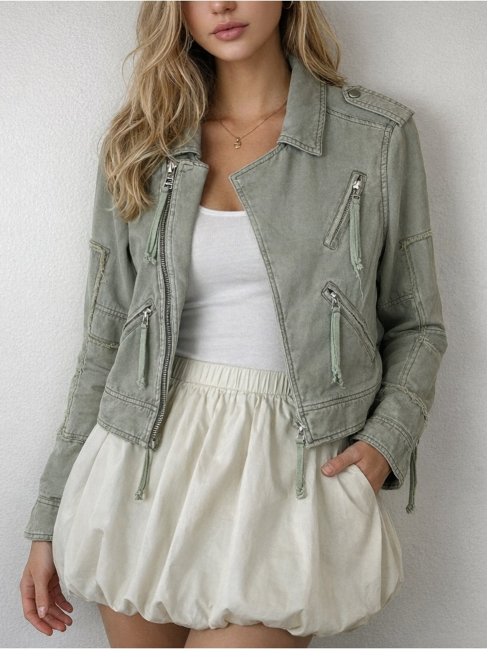 Pam & Gela Washed‎ Olive Green Zipper Jacket Moto